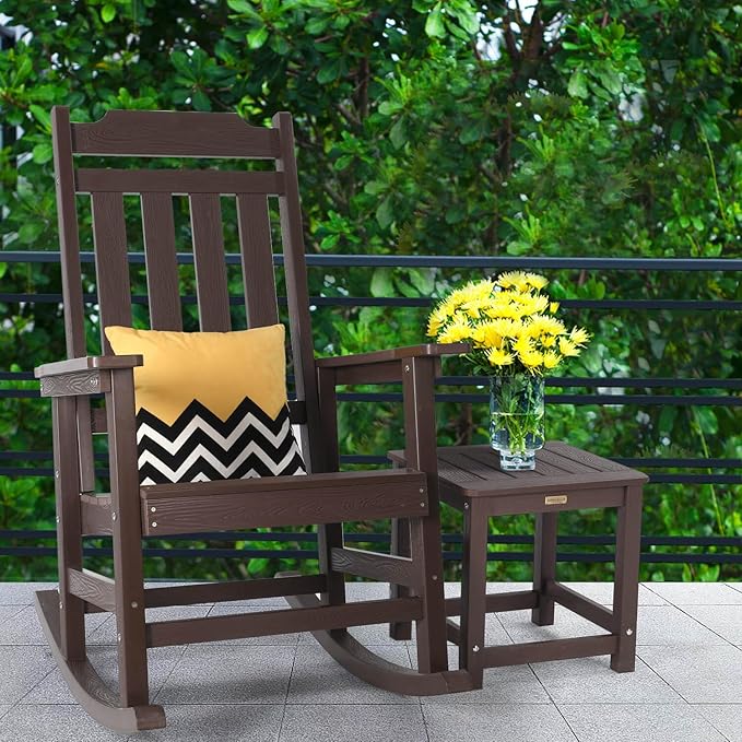 Rocking Chairs Set of 4, All Weather Resistant Poly Lumber Outdoor Porch Rocker, Rocking Chairs for Outdoor, Indoor, Patio, Deck, Garden, Backyard, Load Bearing 380 lbs - Brown