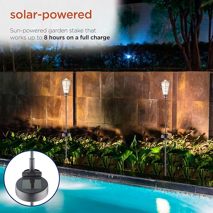 Alpine Corporation 34" Tall Outdoor Solar Powered Edison Bulb Garden LED Stake - Set of 2