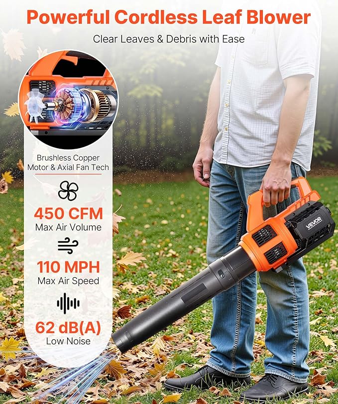 VEVOR 20V Cordless Leaf Blower with Brushless Motor, 450 CFM/110 MPH, Battery Powered Electric Leaf Blowers for Lawn Care with 2.0Ah Battery and Fast Charger