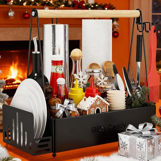 Grill Caddy, BBQ Caddy for Outdoor Grill with 2 Paper Towel Holders, Picnic Condiment Utensil Caddy for Outdoor, RV, Tailgating Essentials, Grilling Accessories, Camping kitchen, Gifts for Men