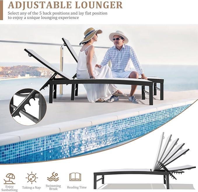 Chaise Lounge Chair, Set of 4 Outdoor Recliner Lounge Chair Sun Loungers, All Weather Chaise with 5 Adjustable Backrest and Lay Flat Positions for Garden, Balcony, Pool, Light Gray