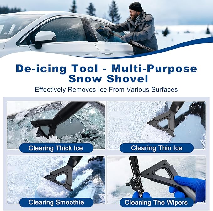 72" Extendable Long Snow Brush with Ice Scraper for Car Truck SUV Van - Soft Squeegee with 270° Pivoting Brush Head for Windshield Window - Snow Scraper & Antifreeze Gloves for Car Winter Accessories