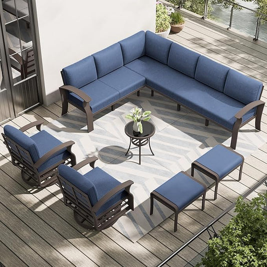10-seat Aluminum Patio Furniture Set, L-Shaped Sectional Sofa with 5.1" Cushions, High Backrest & 2 Footstools, Durable Outdoor Patio Furniture Set, Backyard, Poolside - Blue