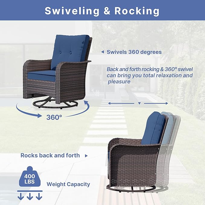 ALAULM Outdoor Swivel Rocking Chairs Set of 2 with 4”Thick Cushions and High Back, Wicker Patio Chairs w/Side Table for Patio, Porch, Poolside, Deck, Backyard, Garden-Dark Blue