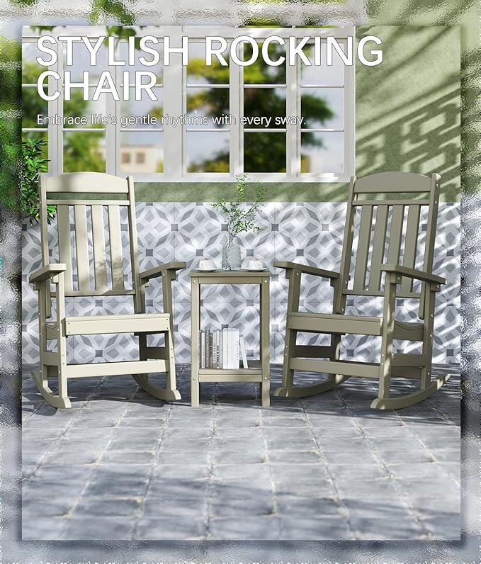 FOOWIN Outdoor Rocking Chair Set of 6, High Back Patio Rocking Chair, HDPE All Weather Resistant Porch Rocker for Adult, Oversized Rocking Chairs for Garden, Lawn, Indoor & Outdoor Use, Sand