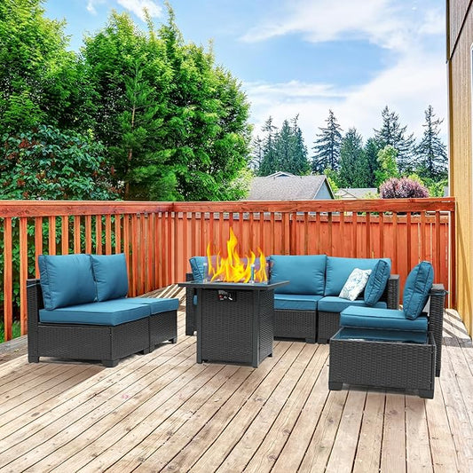 8 Pieces Patio Furniture Set with 28" Fire Pit Table, Wicker Outdoor Sectional Couch, Rattan Conversation Set for Backyard, Deck, Garden Lawn, Coffee/Peacock Blue