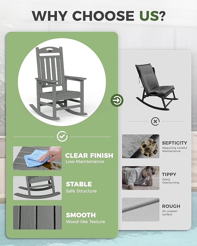 Oversized Outdoor Rocking Chair Set of 2, High Back Porch Rocker Chair, HDPE All Weather Resistant Rocking Chairs for Patio,Grey
