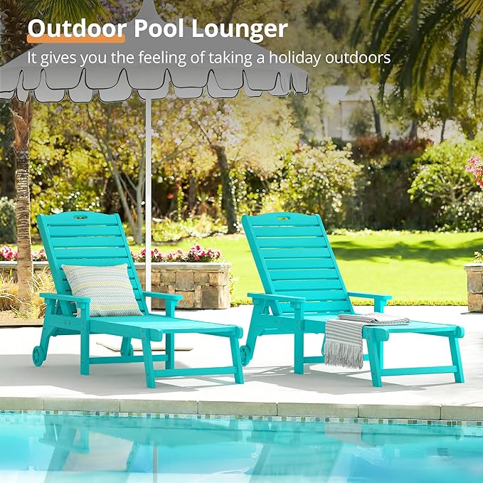 LUE BONA Chaise Lounge Chairs Set with Table, 6-Piece, 79'' Oversized HDPS Chaise Lounger, 5 Positions Adjustable Lounge Chairs, Pool Lounge Chair with Wheels for Poolside, 3 Year Warranty, Aruba Blue