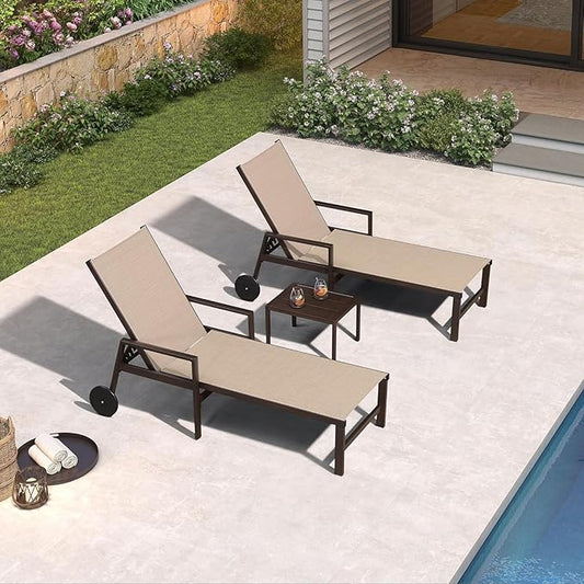 PURPLE LEAF Pool Lounge Chairs Set of 3 Aluminum Outdoor Lounge Chairs with Wheels and Armrests Adjustable Patio for Deck Outside Lawn Garden, Cream