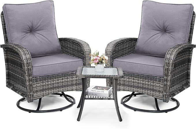 Luxury Outdoor Swivel Wicker Glider Patio Chairs with Table Set, Overstuffed Washable Cushions, Ideal for Porch, Balcony, Deck, Grey Rattan and Grey Cushion