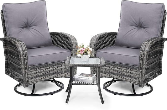Luxury Outdoor Swivel Wicker Glider Patio Chairs with Table Set, Overstuffed Washable Cushions, Ideal for Porch, Balcony, Deck, Grey Rattan and Grey Cushion