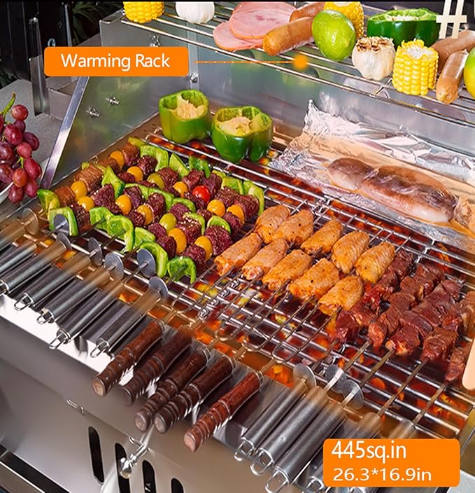 28In Built in BBQ Grills, Large Outside Charcoal Grill with BBQ Fork Kit Liftable Tray & Thermometer, Silver Stainless Steel Barbecue Grill for Outdoor Kitchen Cooking Patio Camping Park Style