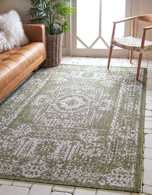 Unique Loom Outdoor Traditional Collection Area Rug - Timeworn (9' x 12' Rectangle, Green/ Gray)