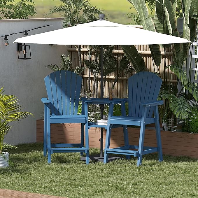 FOOWIN Tall Adirondack Chair Set of 8, All Weather HDPE Bar Height Adirondack Chair with Double Connecting Trays, Adirondack Barstools for Balcony, Deck, Backyard, Patio, Garden Navy Blue