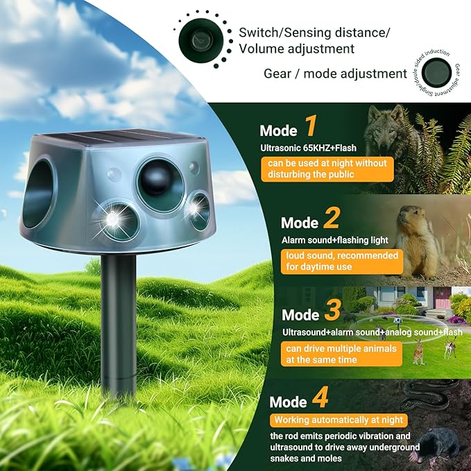Solar Ultrasonic Animal Repellent, Deer Repellent Devices with Motion Detection & 4 Mode, Cat Repellent Outdoor Squirrel Skunk Rabbit Raccoon Dog Mouse Deterrents Repeller for Yard Patio Waterproof