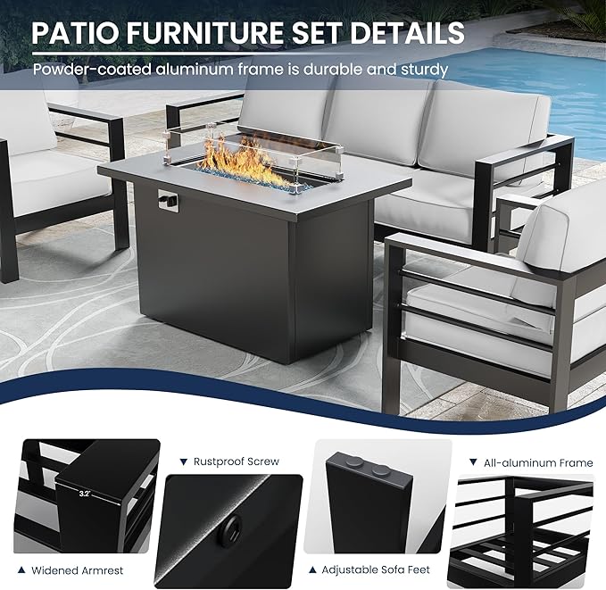 Amopatio Patio Furniture with Fire Pit, 8 Pcs Aluminum Outdoor Metal Patio Sofa Sets with Aluminum Fire Pit Table(Included Waterproof Covers)