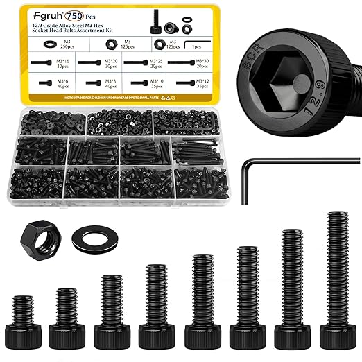 750PCS M3 Screws Assortment Kit, M3x6/8/10/12/16/20/25/30 mm Hex Socket Head Bolts, Nuts & Washers Assorted Set - 12.9 Alloy Steel Black Zinc Plated M3 Screw for 3D Printer,DIY