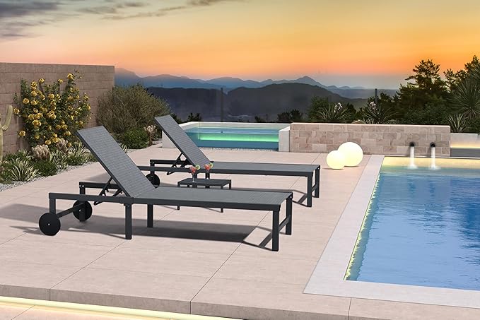 PURPLE LEAF Outdoor Chaise Lounge Chairs Set Recliner Adjustable Chair with Wheels and Table for Poolside Beach Patio Aluminum Reclining Sunbathing Lounger, Mixed Grey
