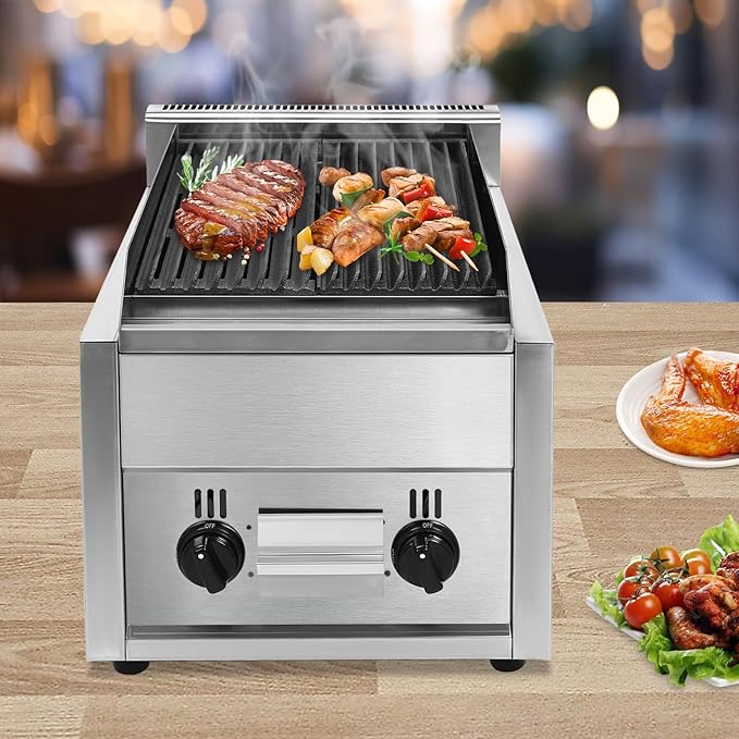 Commercial Countertop Gas Grill, 60,000 BTU Stainless Steel Flat Top Griddle with Cast Iron Grates, for Restaurant, Outdoor BBQ, Patio & Backyard Cooking, Silver