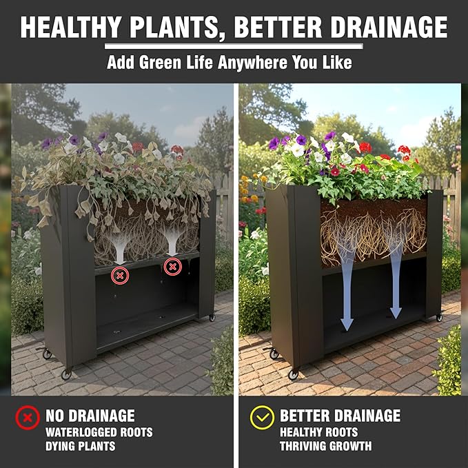 36" L x 9.3" W x 28.4" H Metal Planter Box with Wheels & Removable Shelf – Rolling Raised Garden Bed with Smart Drainage System, Rustproof Outdoor Planter for Patio, Balcony & Modern Décor