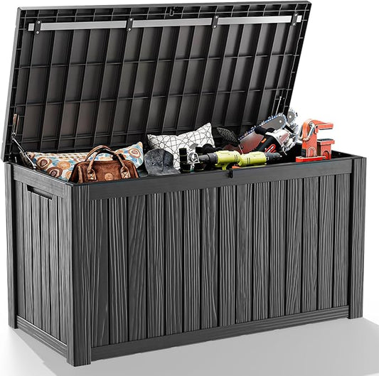 ROJIK Outdoor Storage Housing Deck Box - Waterproof Patio Furniture, Garden Tools, Cushions, Pool Accessories Storage Bench with Lockable Lid and Side Handles (Black 158 Gal)