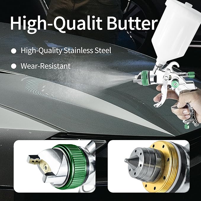 HVLP Spray Gun Kit with 1.4/1.7/2.0/2.5mm Nozzles, Professional Car Paint Spray Gun Wall Repair Furniture Refinishing Painting Gun, Gravity Feed Paint Sprayer Gun (Green-1.4/1.7/2.0/2.5mm)