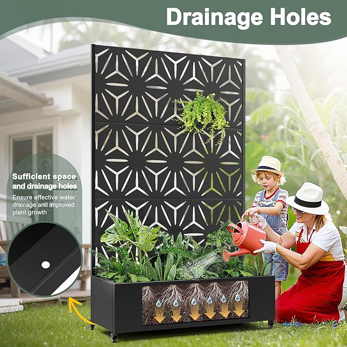 Metal Planter Box with Trellis & Privacy Screen for Patio, Large Raised Garden Beds with Drainage Holes & Wheels, 47" L×16" W×71" H Standing Flower Beds with Trellis (Black Star)