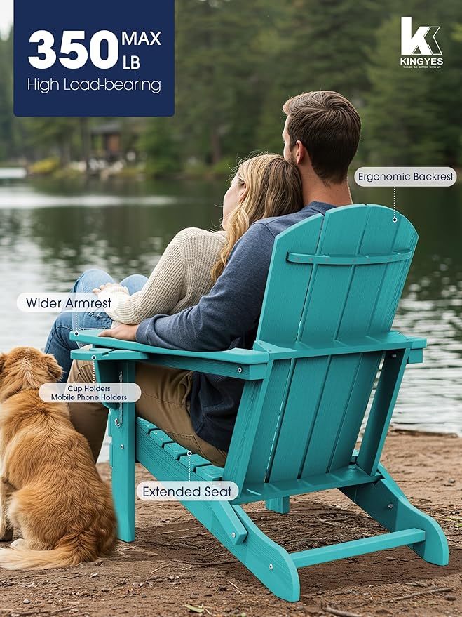 KINGYES Folding Adirondack Chair Set of 8, Dual Cup Holders & All-Weather HDPE, Wood-Like Patio Chair for Backyard, Camping, Pool & Fire Pit, Aruba