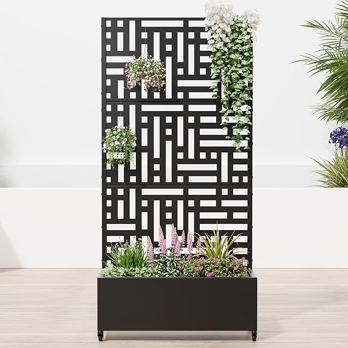 Casaphoria Raised Garden Bed Metal Planter Box with Trellis, 72"x35"x16" for Outdoor Climbing Plants, Flowers Vegetables and Vines Privacy Screen with Wheels and Drainage Holes(Black Street)