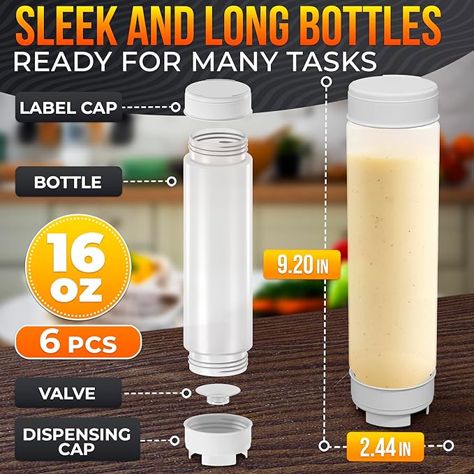 Set of 6 Condiment Squeeze Bottles for Sauces 16 oz – Easy-to-Fill Clear Bottles with Self-Closing Valve | Ready for Dressings, Ketchup, Mustard, Honey Jars & More, Durable, Reusable, Mess-Free Design