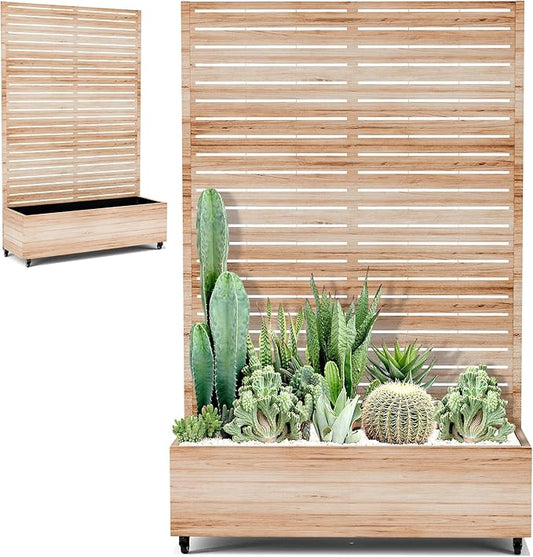 Large Metal Planter Box with Trellis and Wheels for Climbing Plants, Flower Garden Beds with Privacy Screen & Drainage Holes for Patio (47" L, Square White Wood Grain)