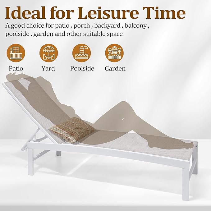 Chaise Lounge Chair, Set of 8 Outdoor Recliner Lounge Chair Sun Loungers, All Weather Chaise with 5 Adjustable Backrest and Lay Flat Positions for Garden, Balcony, Pool, White and Beige