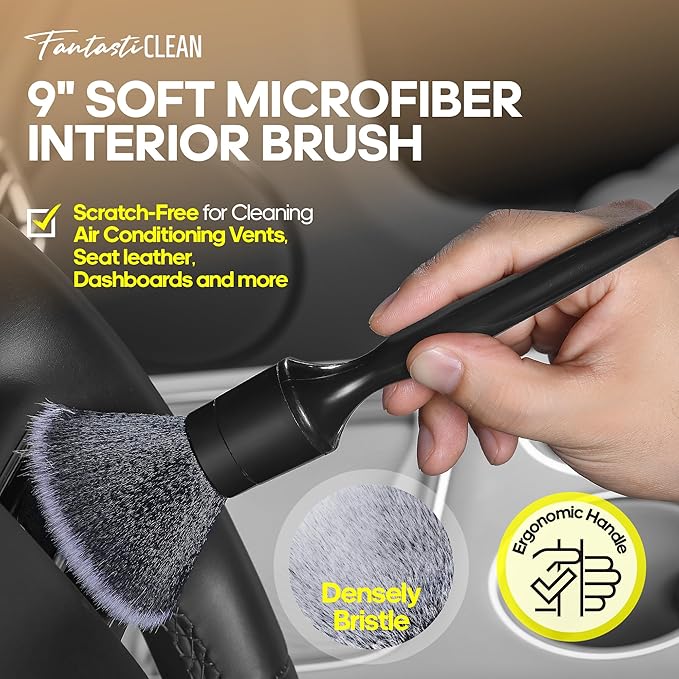 Fantasticlean 9PC Car Detailing Kit，Boars Hair Brush，Horse Hair Bristle，Suede-Coral Cloth，Car Dust Brush，Microfiber Towel & Applicator，Scratch-Free & Ultra-Soft for Leather, Seats & Interior Cleaning