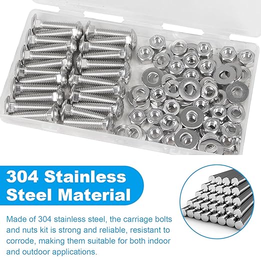 Yinpecly 24 Sets 1/4-20 x 1-1/4" Carriage Bolts Screws, 304 Stainless Steel Round Head Square Neck Carriage Bolts and Nuts Kit, with Flat & Lock Washers, Full Thread Coverage