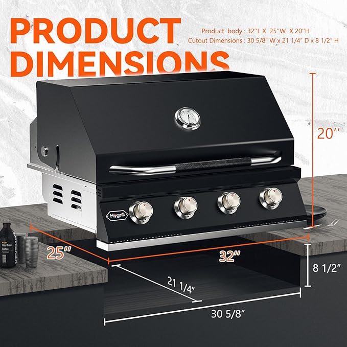 Hygrill 32-Inch Built In Grill for Liquid Propane, Stainless Steel Outdoor Kitchen 4-Burner Grill Head, Black