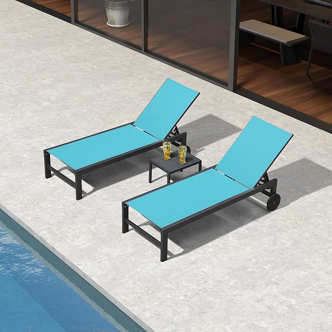 PURPLE LEAF Outdoor Chaise Lounge with Wheels for Outside 2 Pieces Aluminum Patio Lounge Chair with 5 Adjustable Position Recliner for Patio Beach Yard Pool Side Table Included Turquoise Blue