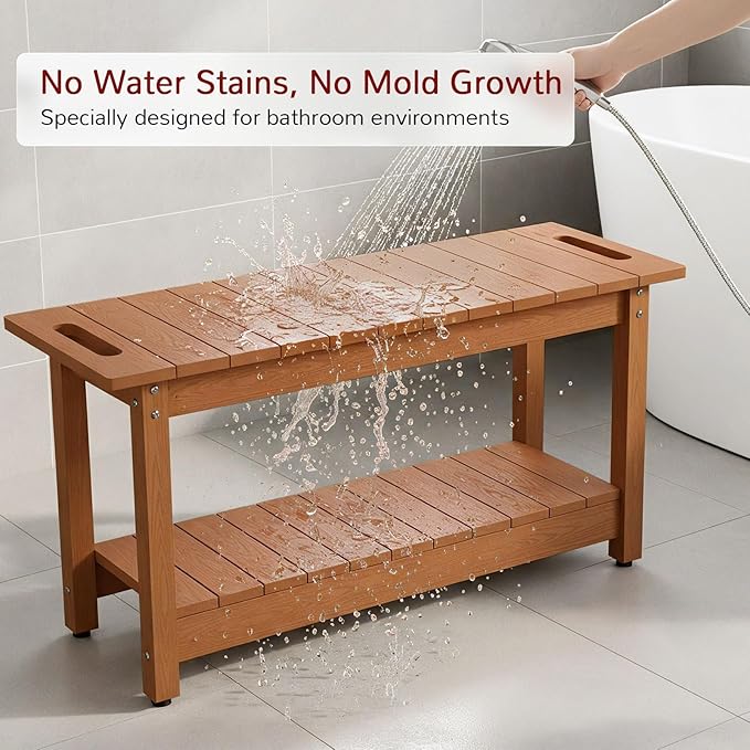 Stoog 35.5" Large Shower Bench, Waterproof Shower Stool with Storage Shelf and Handles, Adjustable and Non-Slip Feet, Shower Chair for Inside Shower, Brown