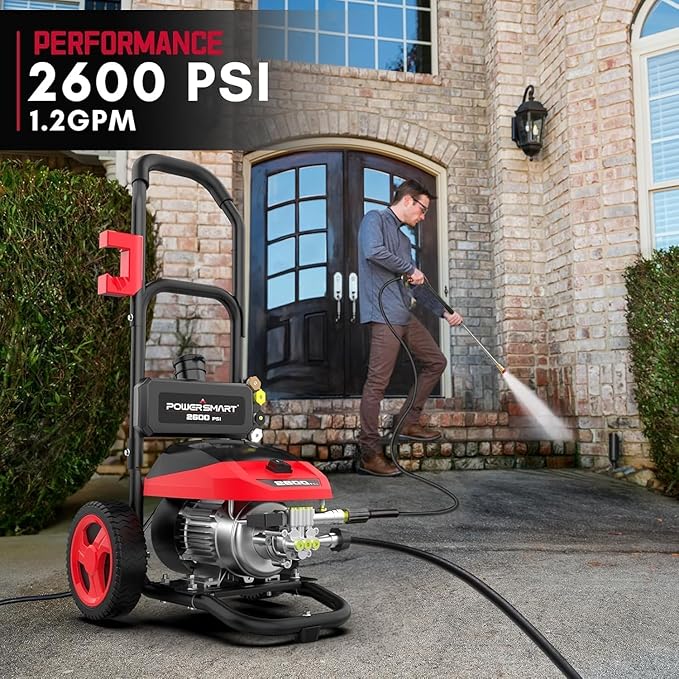 PowerSmart 2600 PSI Electric Pressure Washer with Induction Brushless Motor, 1.2 GPM High Pressure Cleaner, 5 Nozzles, 8” Wheels, Detergent Tank, for Car, Patio, Fence, Driveway Cleaning