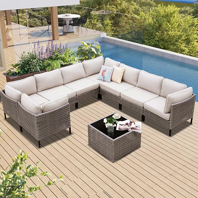 9-Piece PE Wicker Outdoor Sofa Set with 4 Armchairs, 4 Armless Chairs and Glass Coffee Table, Modular Gray Rattan Sectional with Beige Cushions for Deck, Garden, Porch