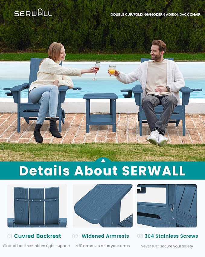 SERWALL Modern Folding Adirondack Chair Set of 2, Weather Resistant HDPE Outdoor Adirondack Chair with Dual Cup Holders, Fire Pit Chair for Patio Lawn Garden, Blue