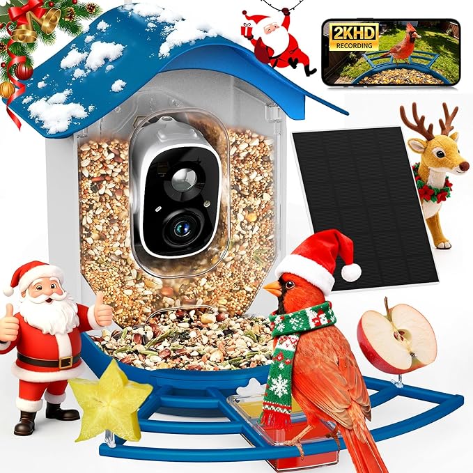 PeckCam® Smart Bird Feeder with Camera 2K HD Auto Detect & Notify, AI Identify 10000+ Birds Camera with Solar Panel 5 Perch Attachments Wireless Outdoor Birdwatching Gift for Birds Lover, Blue