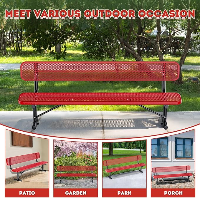 Heavy Duty Park Bench for Outside, Metal Park Bench with Back Portable Frame, Outdoor Steel Mesh Garden Bench with Backrest for Garden, Lawn, Patio, Porch, Park, Yard (Red, 8FT/95INCH)
