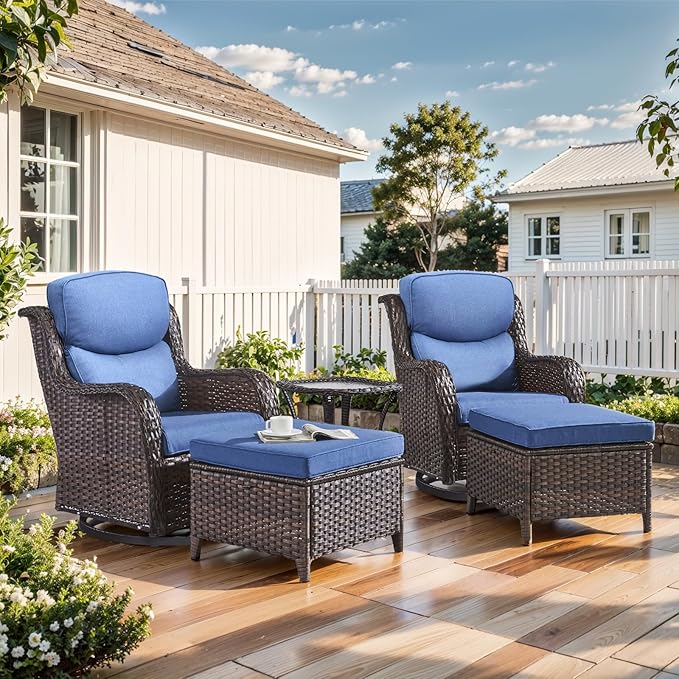 Outdoor Swivel Rocker Patio Chairs with 2 Ottomans - 5" Thick Cushion 5 Piece Furniture Set All Weather Wicker Conversation Set with Side Table for Porch Poolside and Deck - Brown/Blue