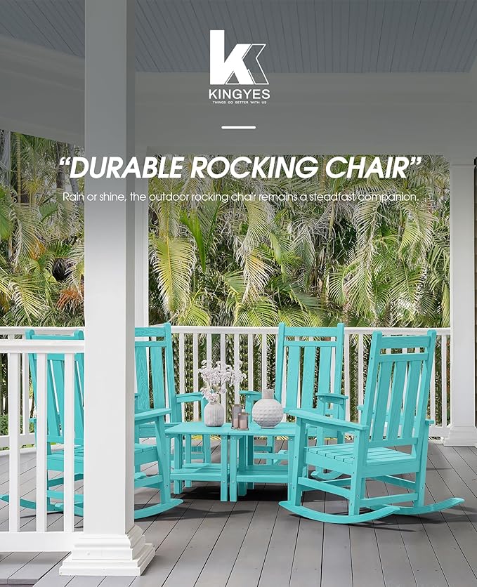 KINGYES Outdoor Rocking Chair Set of 4, All-Weather Patio Rocking Chairs for Porch, HDPE Rocking Outdoor Chairs with High Back for Adult, Heavy Duty Outdoor Patio Rockers for Garden, Lawn, Aruba