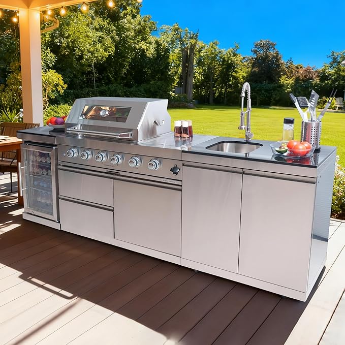 98 Inches 4-Burner 72000 BTU Deluxe Stainless Steel Propane Gas Outdoor Kitchen Bar Barbecue Island Grill, Wine Cooler Compact Refrigerator, Granite Countertops, Stainless Steel Sink, Silver