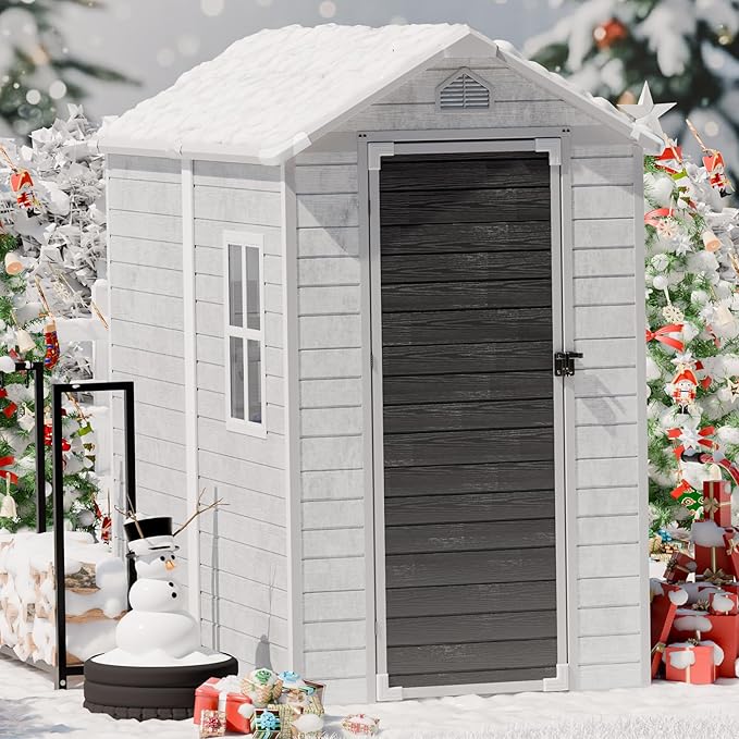 6X4 FT Resin Outdoor Storage Shed with Floor,Water Drainge Roof Plastic Sheds with Windows and Lockable Doors,Thickened Panel All-Weather Resistant Tool Storage Shed for Garden Backyard Patio, Grey