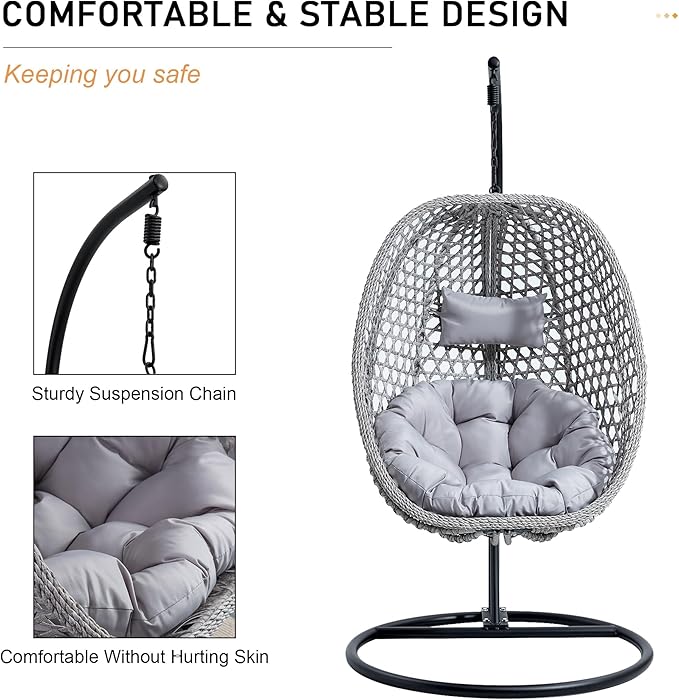 Hanging Egg Chair with Stand, Egg Swing Chair with Stand Indoor Outdoor,Grey Wicker Swing Egg Chair for Adults, Hammock Chair with Comfortable Cushion and Stable Round Metal Base for Bedroom Patio