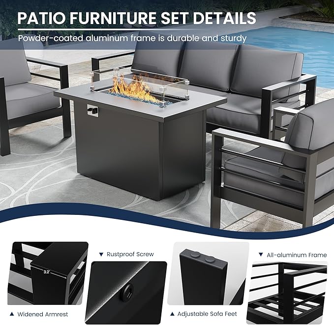 Amopatio Patio Furniture with Fire Pit, 6 Pcs Aluminum Outdoor Sectional Metal Patio Sofa Sets with Aluminum Fire Pit Table for Backyard(Included Waterproof Covers)