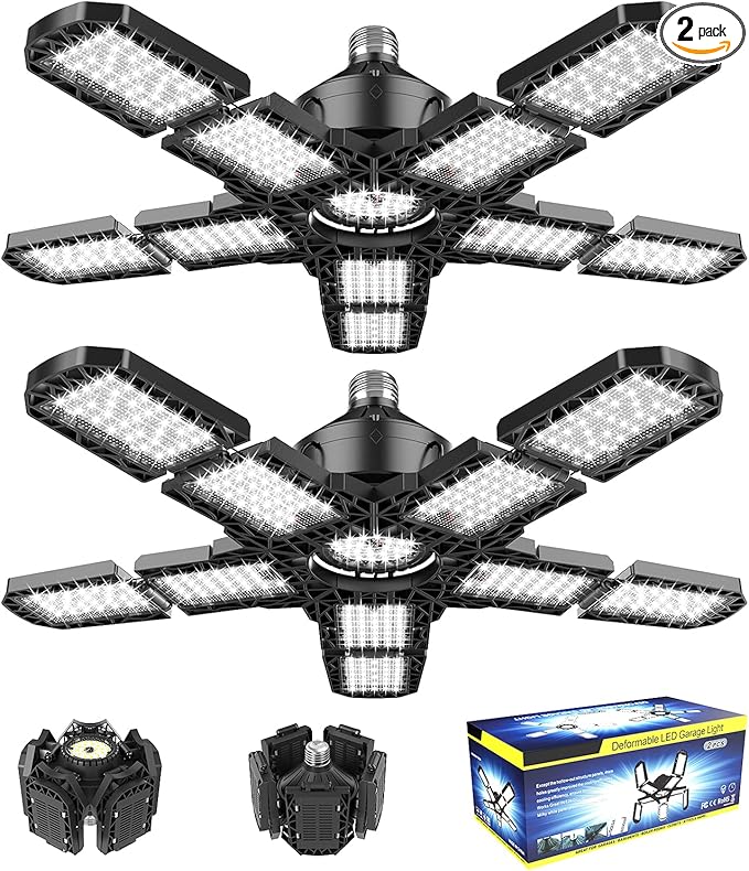 Nexillumi 2-Pack Led Garage Light 180W, 36000LM Garage Lights Ceiling LED with E26/E27 Medium Base, 6000K Deformable LED Shop Lights with 10+1 Adjustable Panels for Garage, Workshop, Attic, Basemen