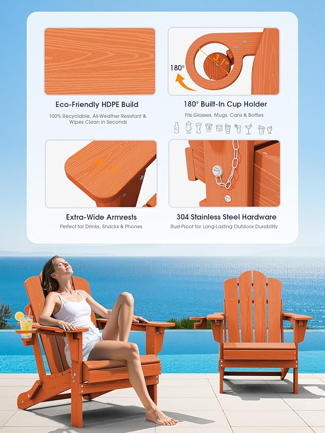 KINGYES Adjustable Folding Adirondack Chair, 3-Position Reclining Adirondack Chairs with Cup Holder, HDPE All-Weather Oversized Adirondack for Outdoor, Patio, Backyard Deck, Fire Pit, Orange